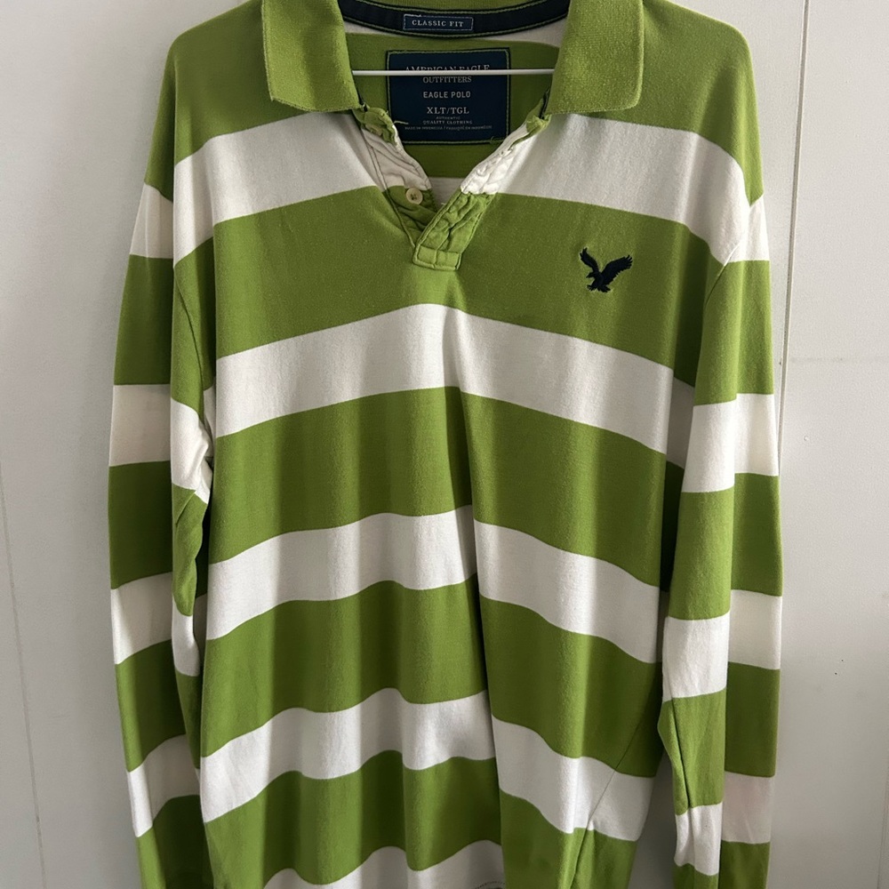 American Eagle Outfitters Green and White Striped Polo Shirt